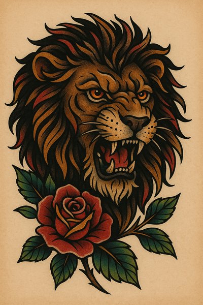 Detailed Lion and Rose Tattoo Art Illustration