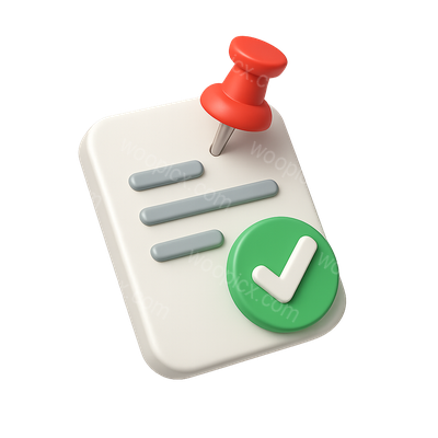 3D Document Icon with Checkmark and Pin