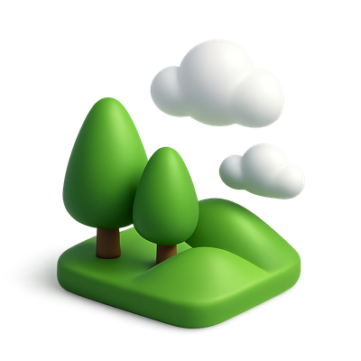 Stylized 3D Trees and Hills with Clouds in Isometric View