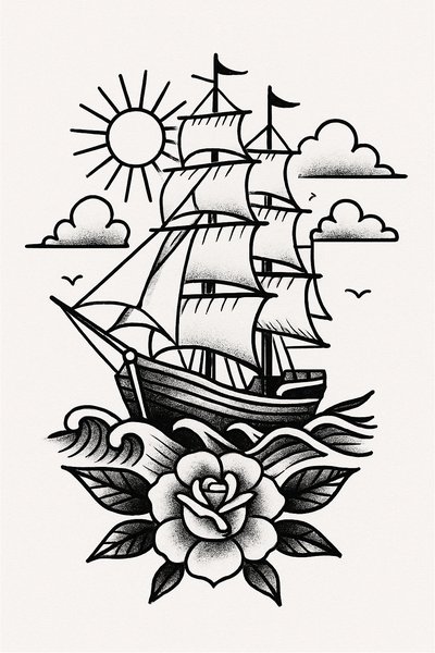 Vintage tattoo design featuring a ship and rose