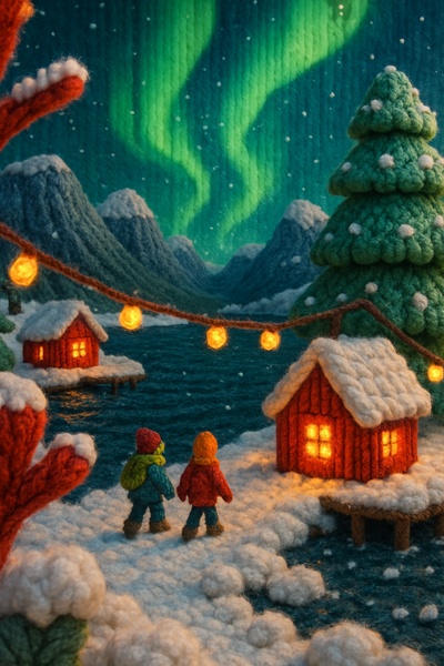 Colorful Northern Lights Scene Made of Yarn in Norway