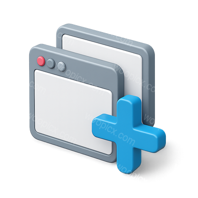 3D Overlapping Windows Icon with Plus Sign in Isometric View
