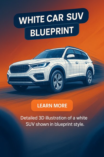 3D Illustration of a White Car SUV in Blueprint Style