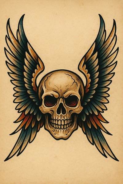 Intricate Winged Skull Graphic Art Design
