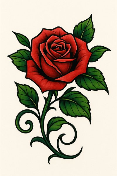 Colorful Tattoo Design of a Red Rose with Green Leaves