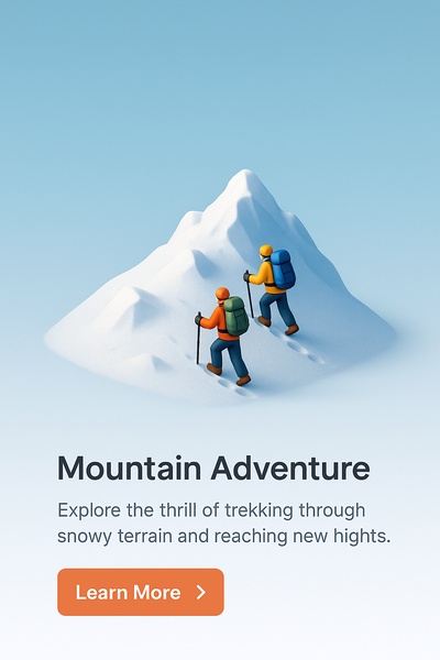 Two Mountaineers Hiking Up a Snowy Mountain in 3D Style