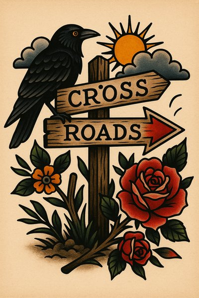 Illustrative Vintage Crossroads Sign with Nature Elements