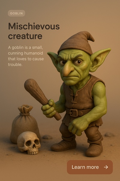 Realistic 3D Goblin Illustration with Text and Action Button