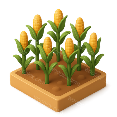 3D Icon of a Corn Field with Green Leaves and Yellow Ears