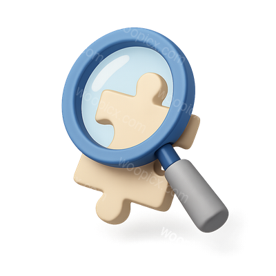 3D Puzzle Piece with Magnifying Glass Icon