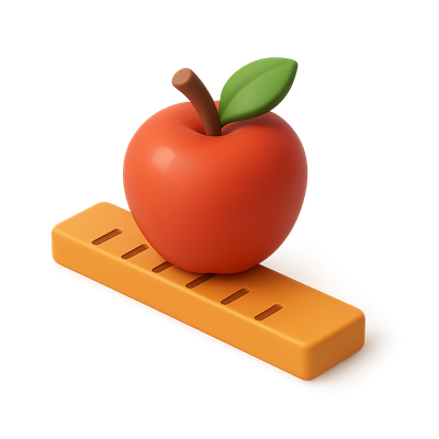 3D Apple Resting on a Ruler in Isometric View