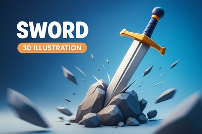Dynamic 3D Sword Illustration with Bold Design Elements