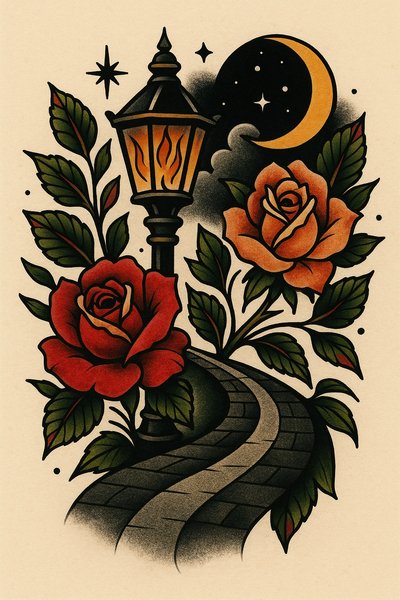 Colorful Tattoo Design Featuring Roses and a Lantern