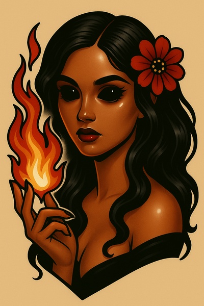 Stylized Tattoo of a Girl with Flames and Dark Eyes