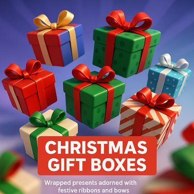 Colorful 3D Christmas Gift Boxes with Ribbons and Bows