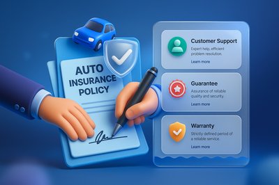3D Illustration of Auto Insurance Policy with Signature and Features