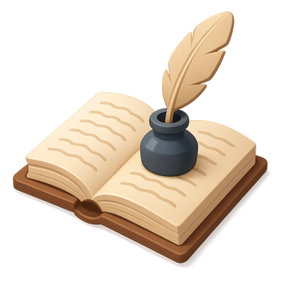 Stylish 3D Literature Icon Featuring Book and Quill