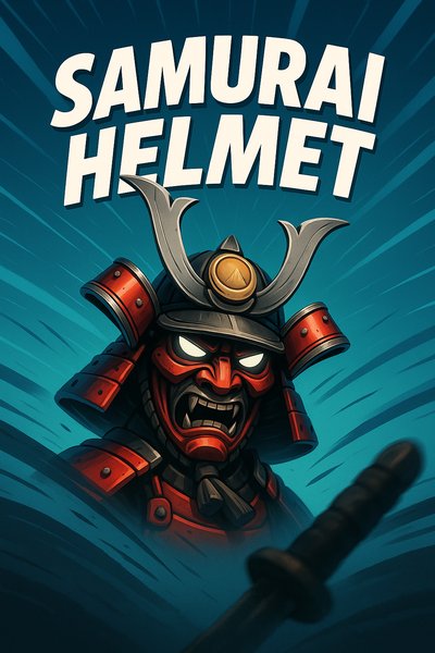 Dynamic Samurai Helmet Illustration with Bold Typography