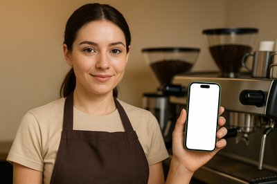 Barista Holding Green Phone at Coffee Machine