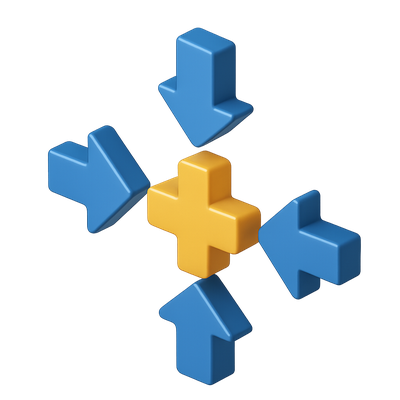3D Arrows Pointing Inward with Central Plus Icon