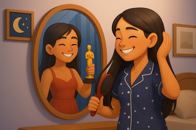 Animated Character Admiring Oscar Trophy in Front of Mirror