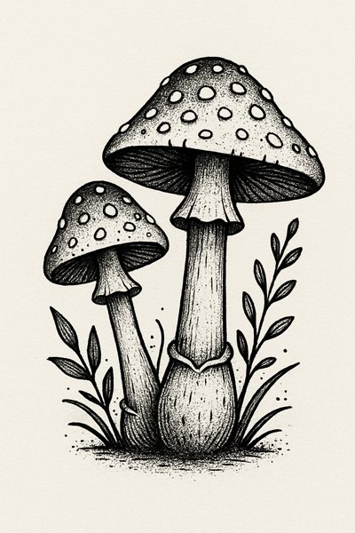 Illustration of Detailed Mushrooms with Botanical Elements