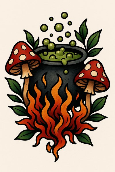 Whimsical Illustration of a Cauldron with Fire and Mushrooms