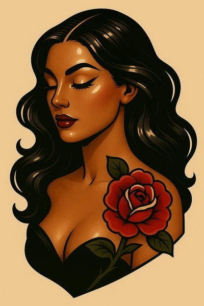Stylized Tattoo Art of a Woman with a Rose