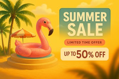 Vibrant Summer Sale Banner Featuring a Flamingo Pool Float