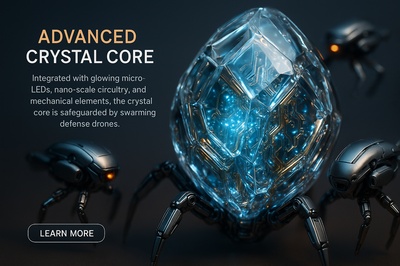 Advanced Crystal Core with Defense Drones in Hyperrealistic Detail