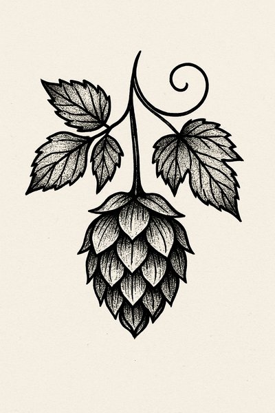 Detailed illustration of a hop cone with leaves