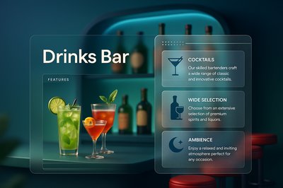 3D Illustration of a Stylish Drinks Bar with Features Overview