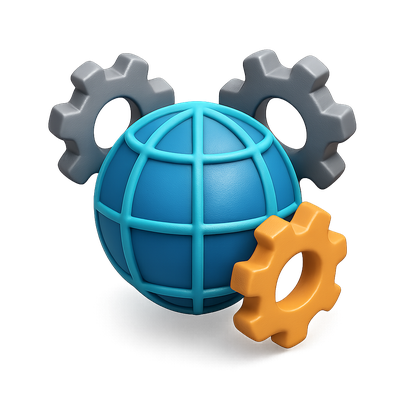 3D Globe Surrounded by Colorful Gears Icon