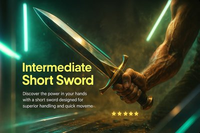 Dynamic Short Sword Design with Neon Accents and Engaging Text