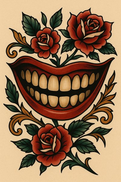Bold Tattoo Art Featuring a Grinning Mouth and Roses