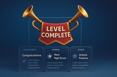 3D Illustration of Level Complete with Trumpets and Banner