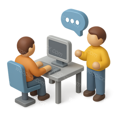 3D Icon of Two People Conversing at a Computer