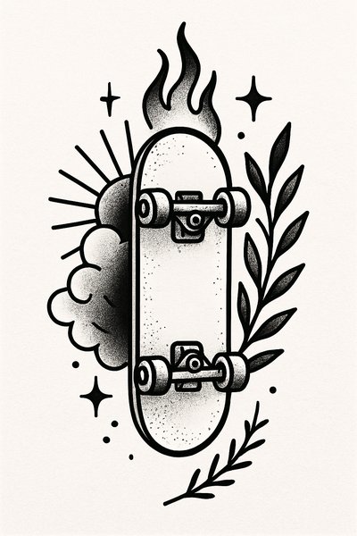 Stylized Skateboard Illustration with Flames and Leaves
