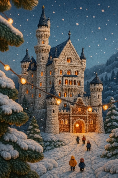 Whimsical Yarn Castle of Neuschwanstein in Winter