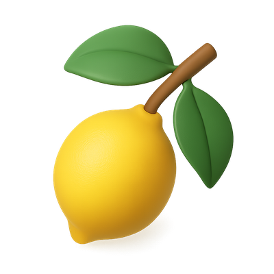Stylized 3D Lemon Icon with Leaves on Transparent Background