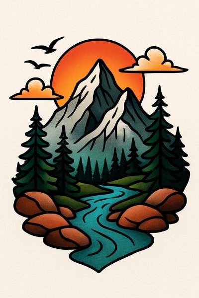 Stylized Mountain Landscape Illustration with River and Sunset