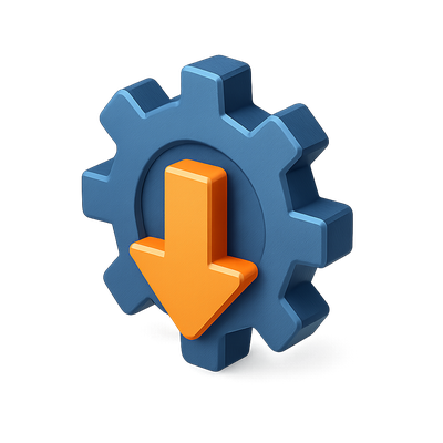 3D Gear Icon with Downward Arrow in Isometric View