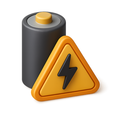 3D Battery Warning Icon with Caution Symbol
