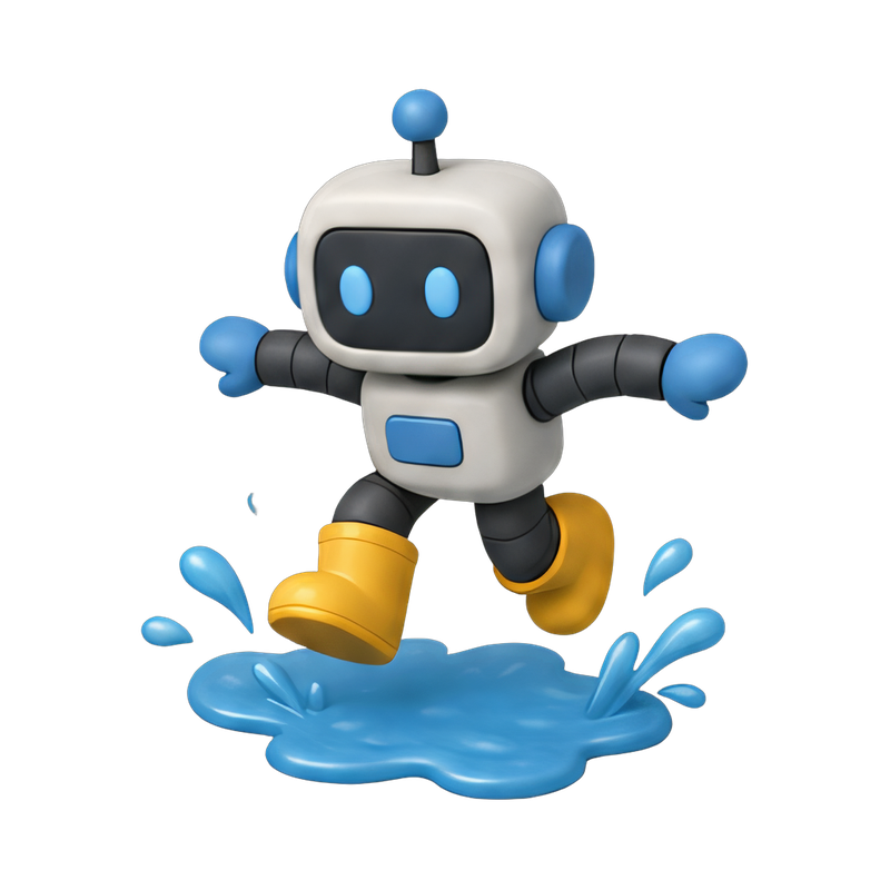 playful robot in puddles