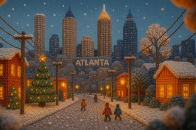 Whimsical Woolen Scene of Downtown Atlanta with Holiday Cheer