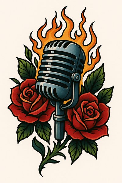 Vintage Microphone Tattoo Design with Roses and Flames