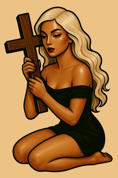 Stylized Tattoo Art of a Girl with a Cross