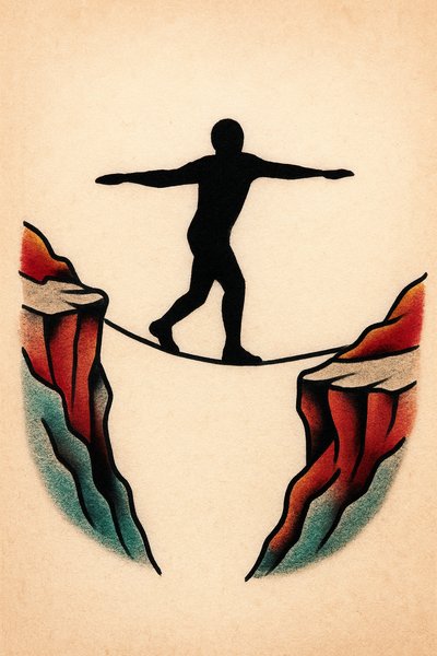 Silhouette Balancing on a Tightrope Over a Chasm Tattoo Design