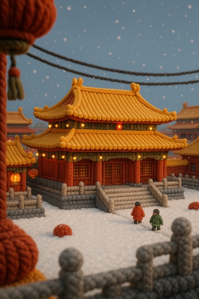 Magical Winter Town in 3D with Yarn-Like Structures