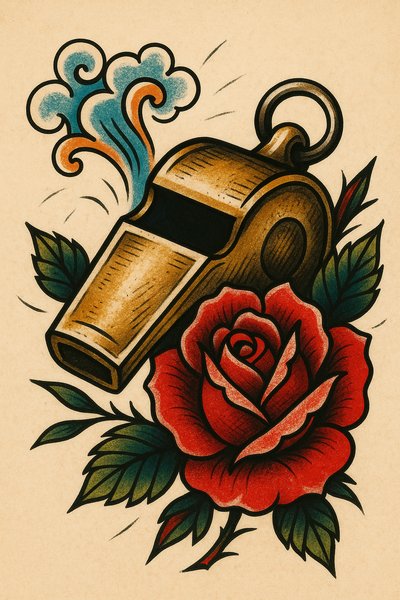 Artistic tattoo design featuring a whistle and a rose